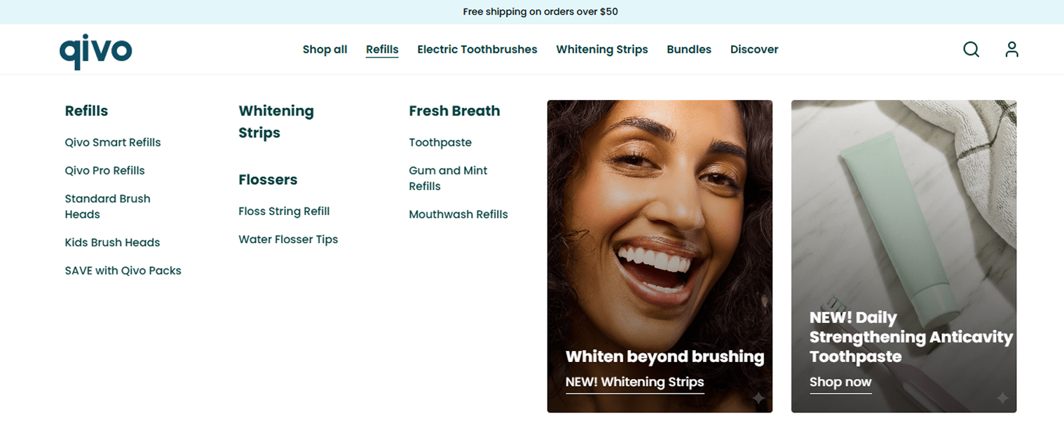 Interactive mega-menu navigation screen from the Qivo Subbly storefront