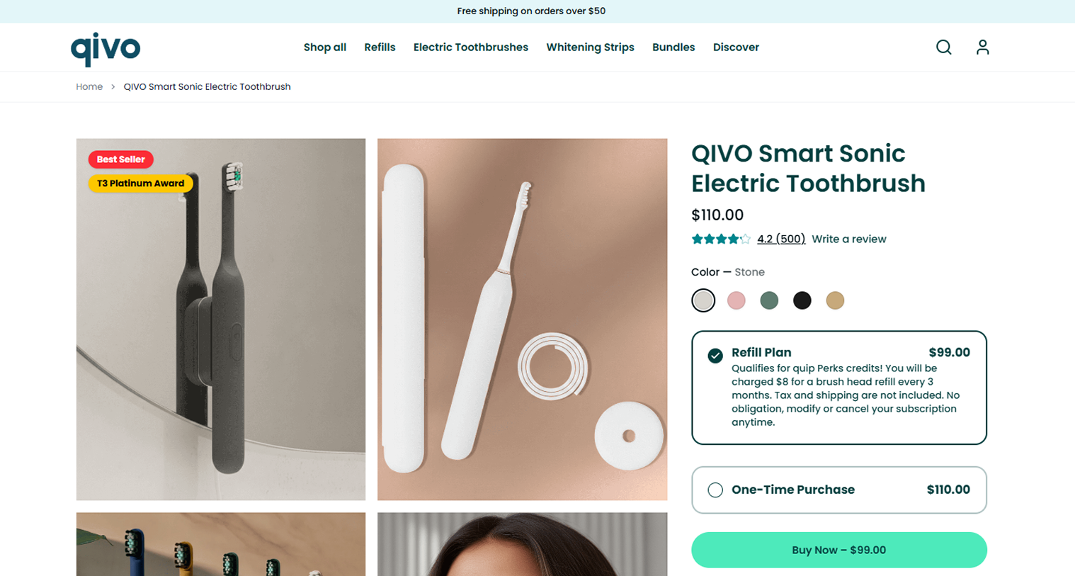 Subscription and one-time purchases from a single product page screen from the Qivo Subbly storefront