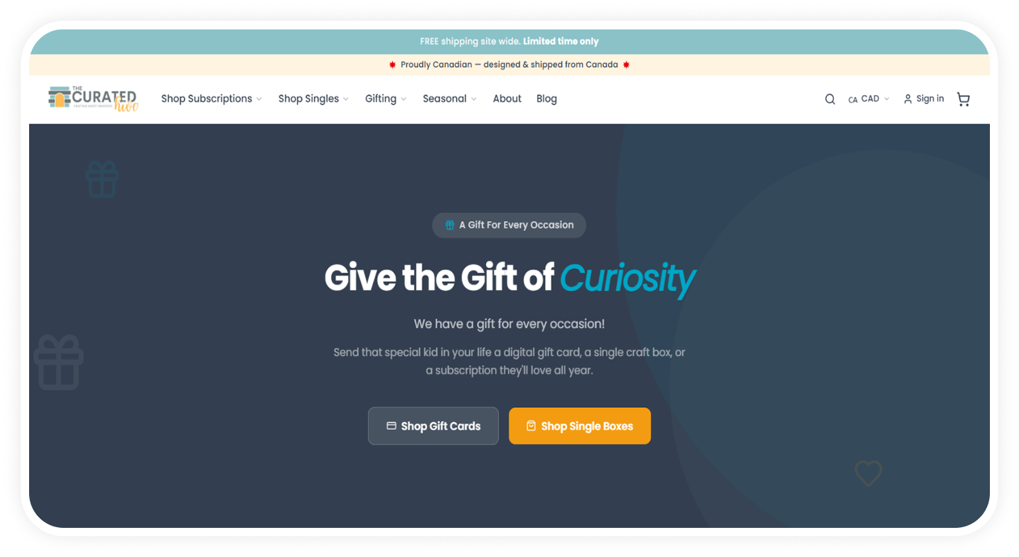 Gift Certificate & Corporate Gift Flows screen from the The Curated Hive Subbly storefront
