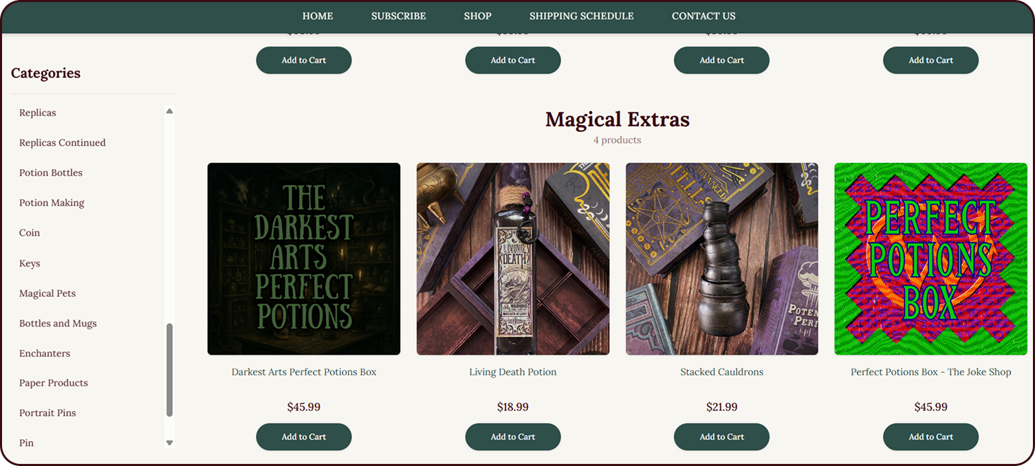 Product discovery without the overwhelm screen from the The Wizarding Trunk Subbly storefront
