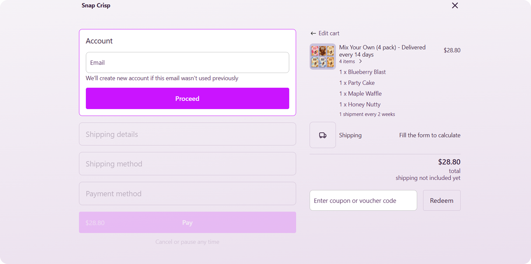 Subscription Commerce with Flexible Options screen from the Snap Crisp Subbly storefront