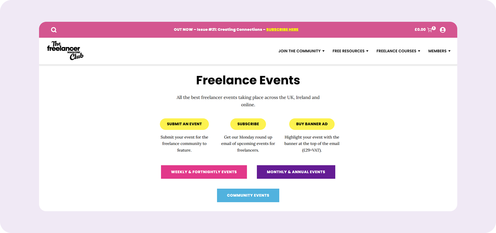 Event calendar with smart registration screen from the Freelancer Magazine Subbly storefront