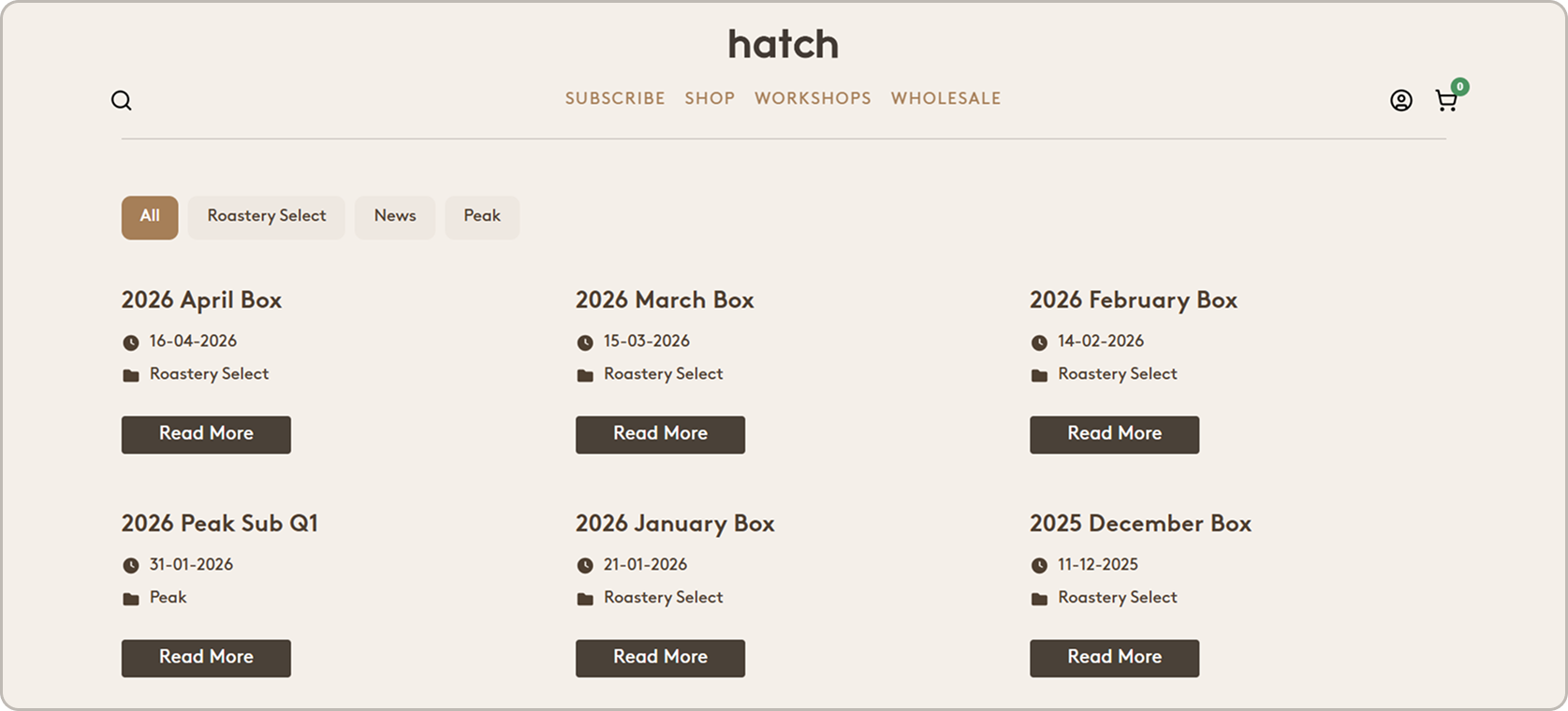Publish Blog Content Without Calling a Developer screen from the Hatch Coffee Subbly storefront