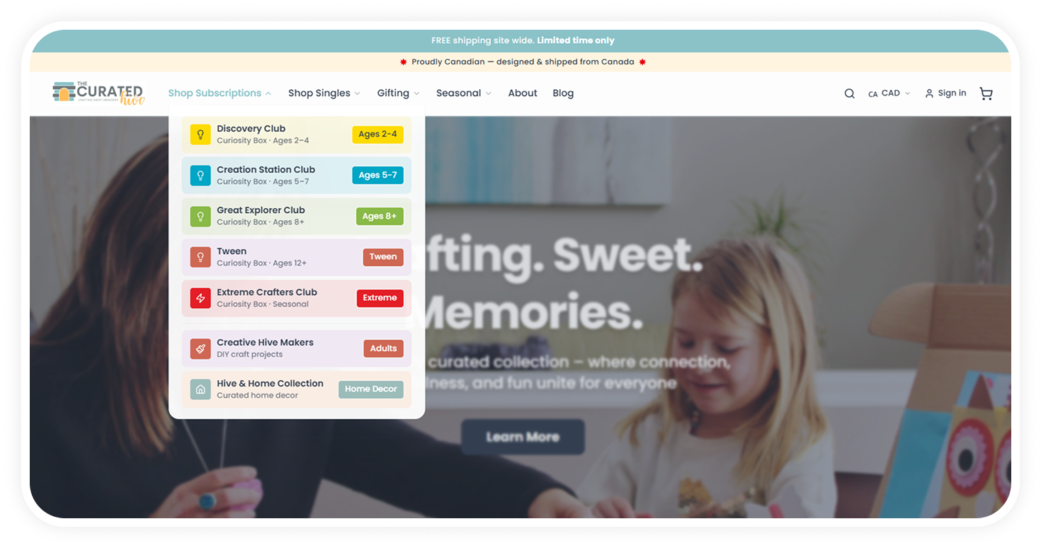 Mega-Menu Navigation With Visual Categories screen from the The Curated Hive Subbly storefront