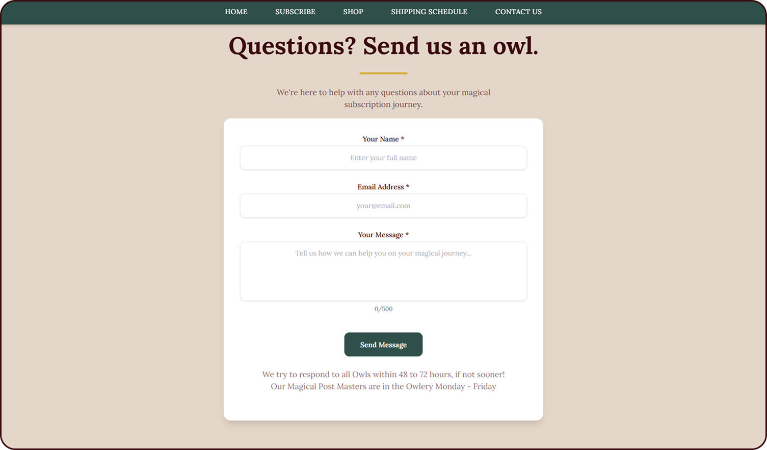 Customer support before they ask screen from the The Wizarding Trunk Subbly storefront
