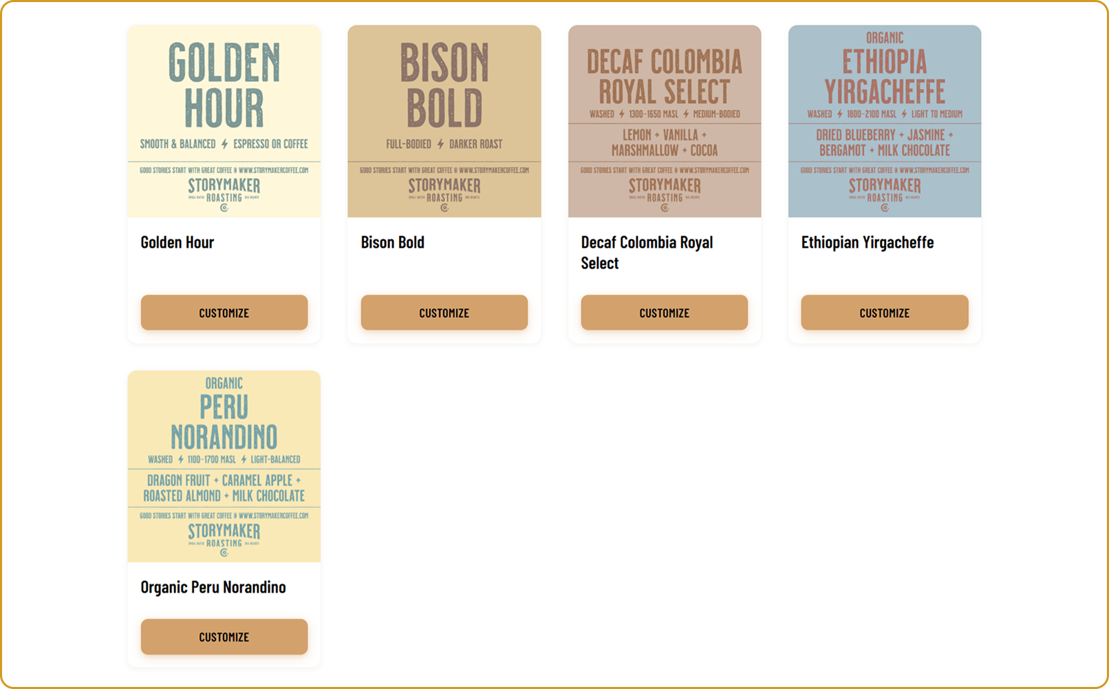 Product Catalog with Subscription and One-Time Options screen from the StoryMaker Roasting Co. Subbly storefront