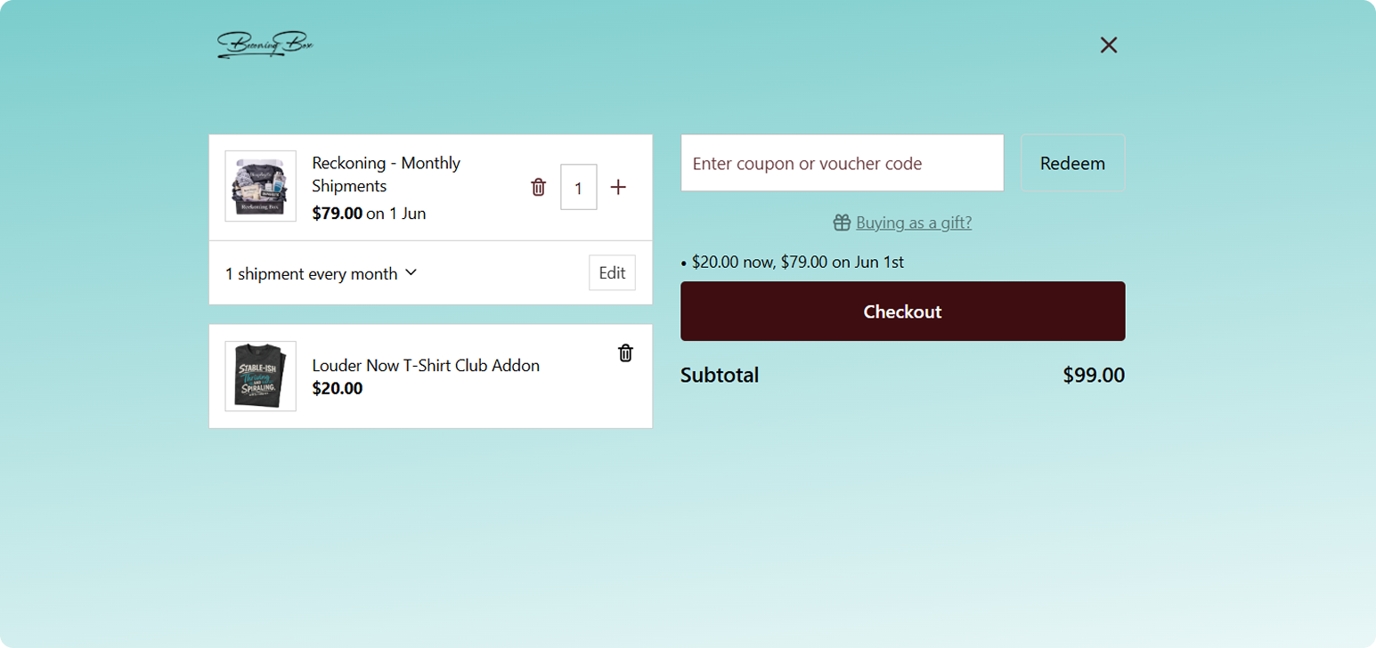 Bundle Builder for Curated Experiences screen from the Becoming Box Subbly storefront