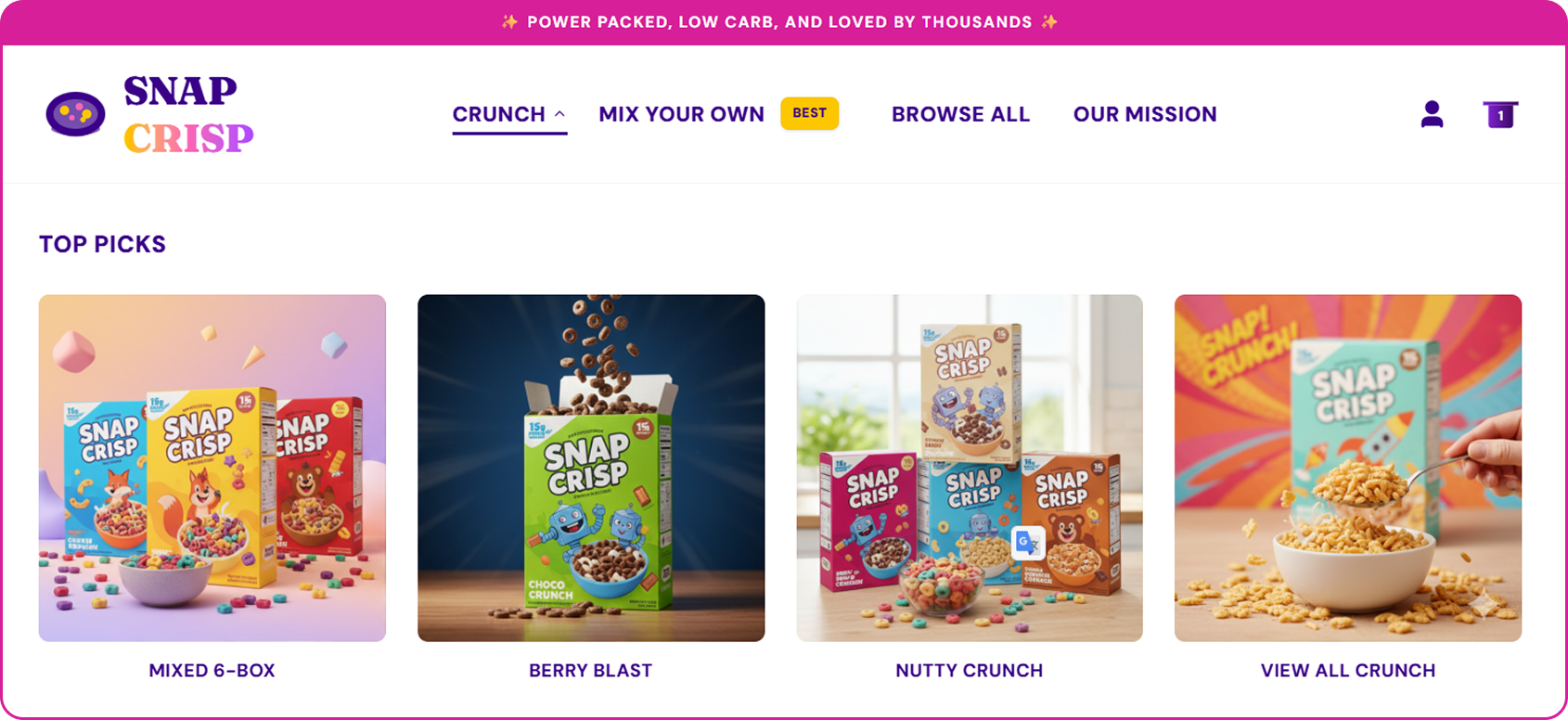 Product Storytelling by Category screen from the Snap Crisp Subbly storefront