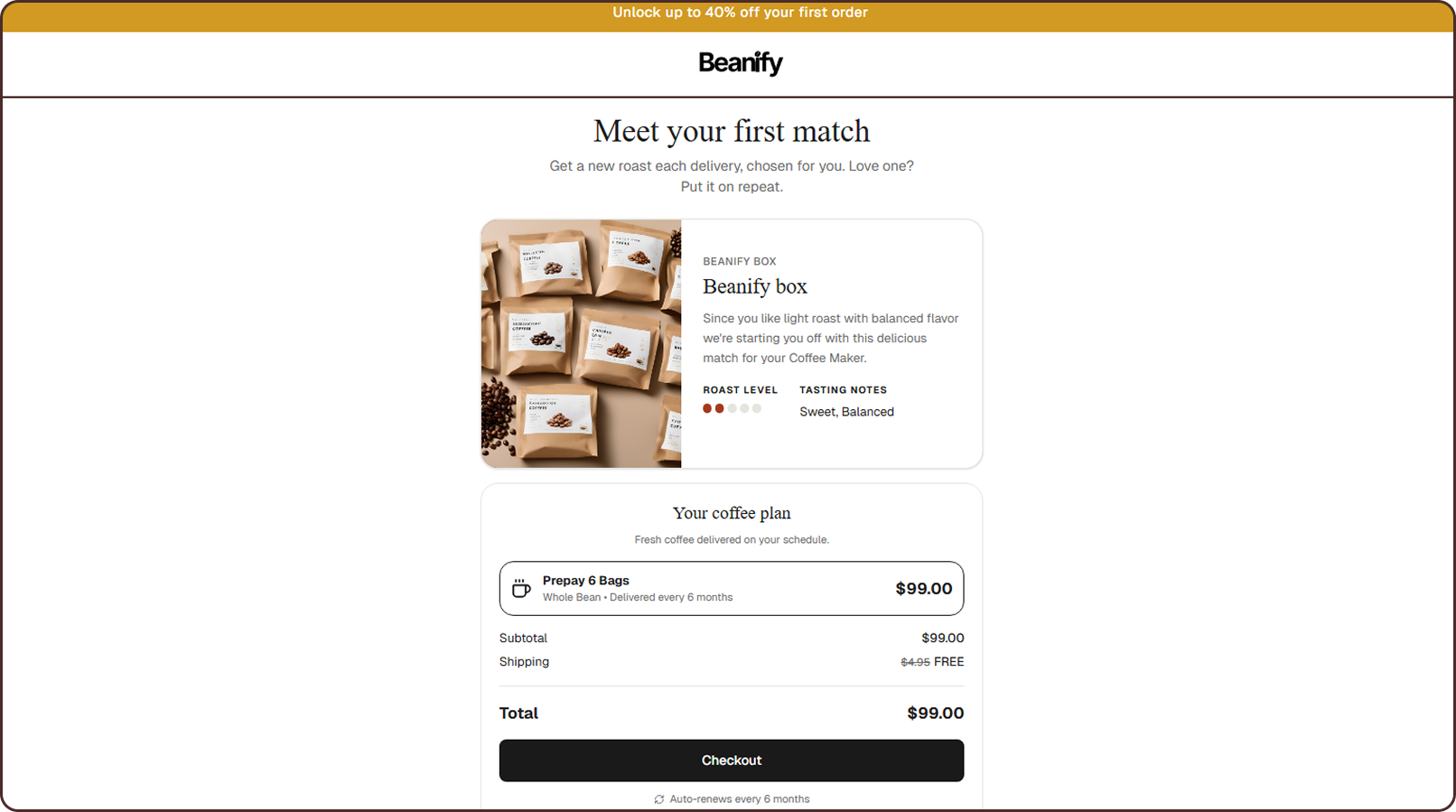Bundle Builder for Curated Boxes screen from the Beanify Subbly storefront