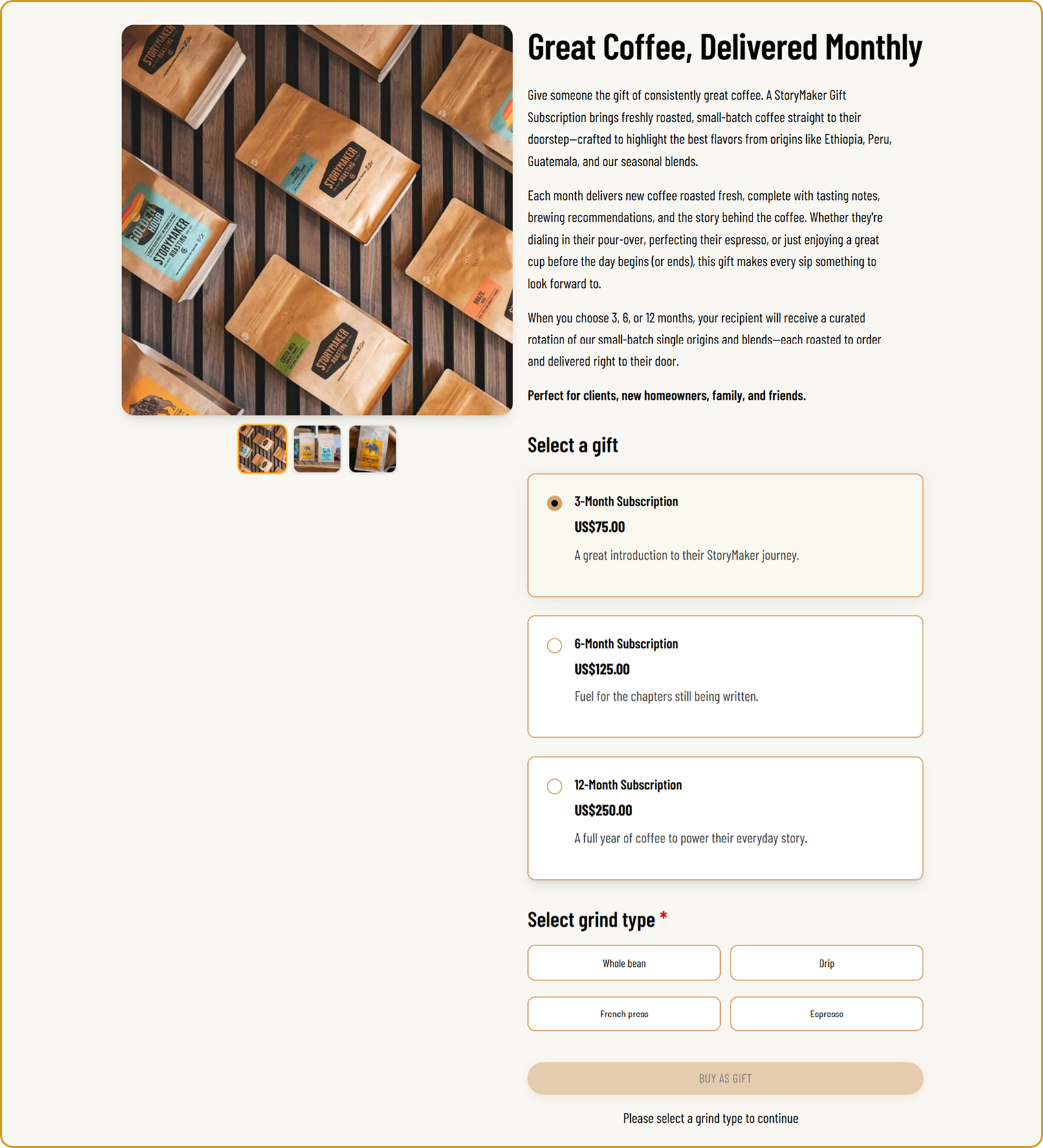 Gift Subscription Flow with Grind Selection screen from the StoryMaker Roasting Co. Subbly storefront