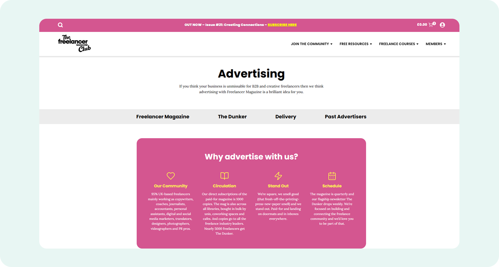 Self-service advertising booking screen from the Freelancer Magazine Subbly storefront
