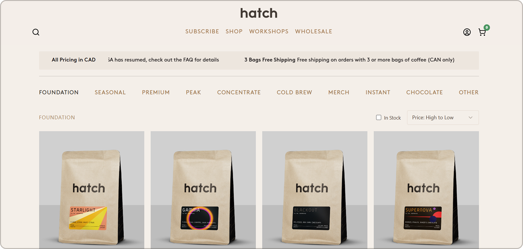Sell Any Product Type from One Storefront screen from the Hatch Coffee Subbly storefront