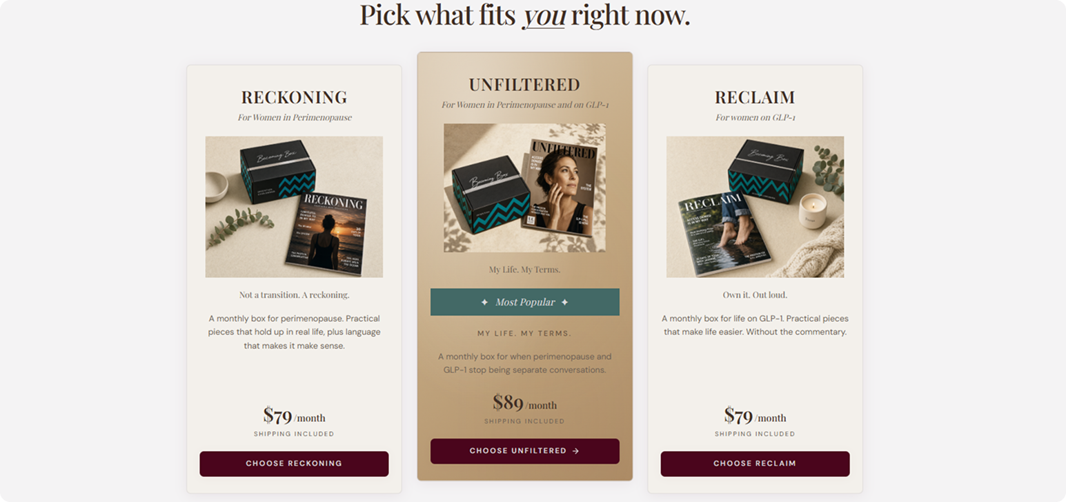 Subscription Plans That Sell Themselves screen from the Becoming Box Subbly storefront