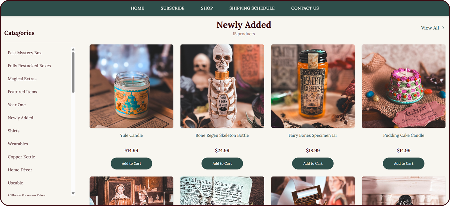 A retail shop with 30+ magical categories screen from the The Wizarding Trunk Subbly storefront