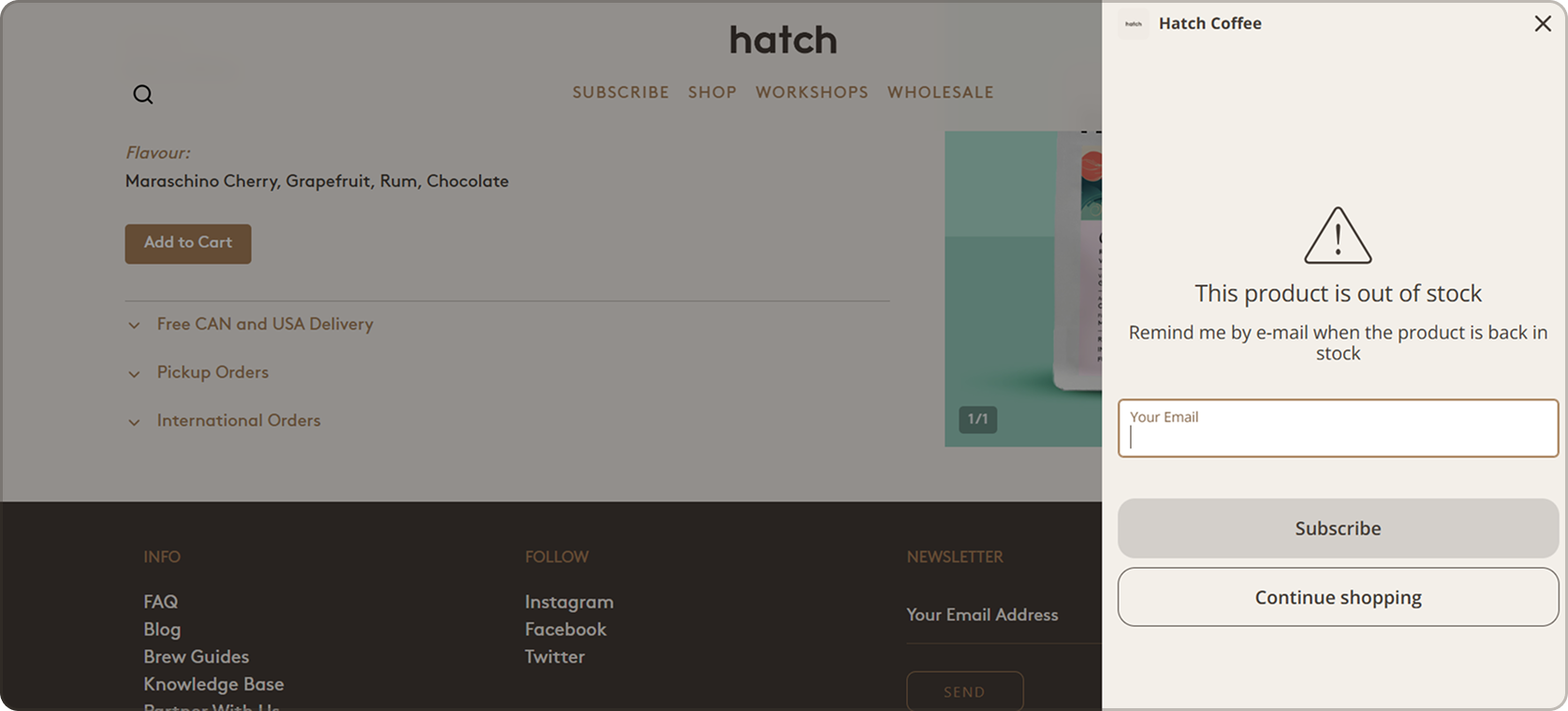 Turn Sold-Out Exclusives into a Waitlist Asset screen from the Hatch Coffee Subbly storefront