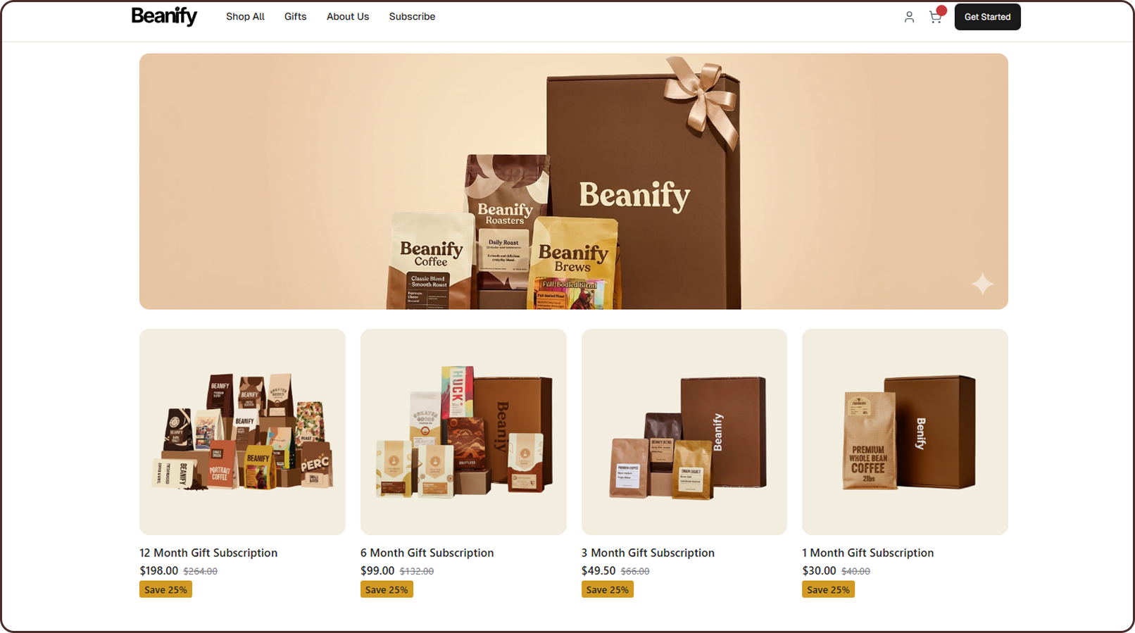 Product Catalog with Variants screen from the Beanify Subbly storefront