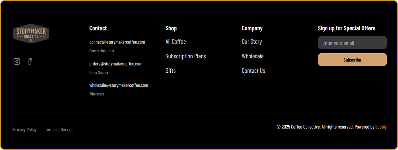 Email Capture on Every Page screen from the StoryMaker Roasting Co. Subbly storefront