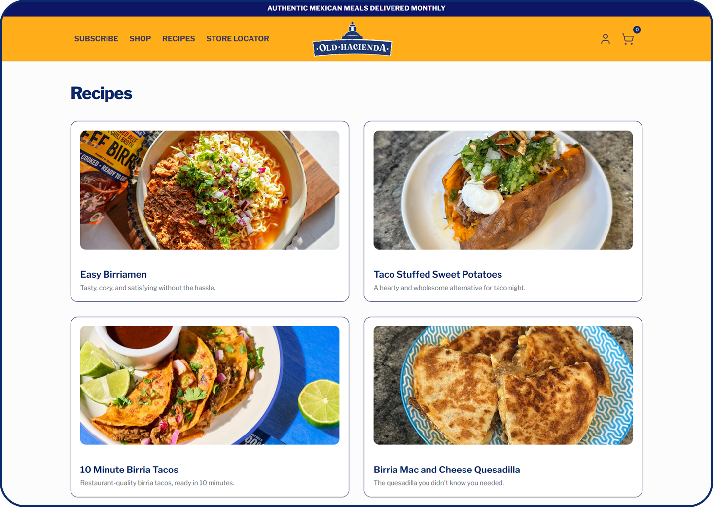 Interactive Recipe Gallery with Video screen from the Old Hacienda Subbly storefront