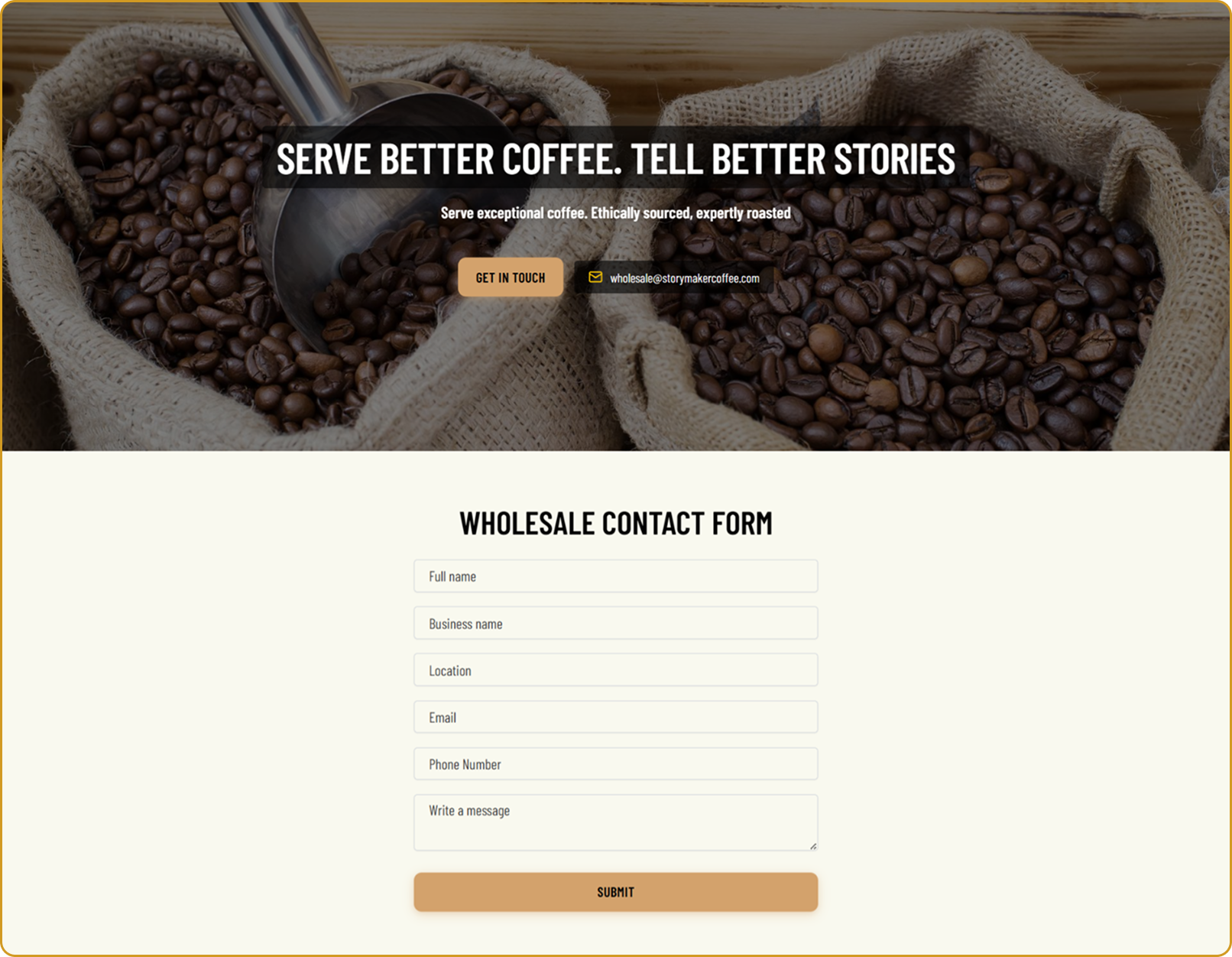 Wholesale Inquiry System screen from the StoryMaker Roasting Co. Subbly storefront