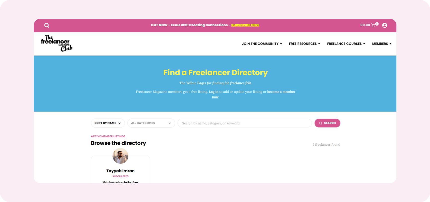 Member directory for community discovery screen from the Freelancer Magazine Subbly storefront