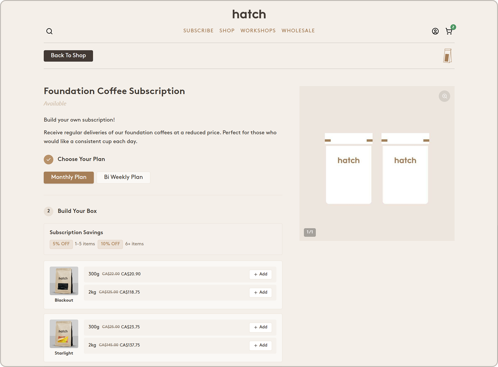 Let Customers Build Their Own Subscription Box screen from the Hatch Coffee Subbly storefront