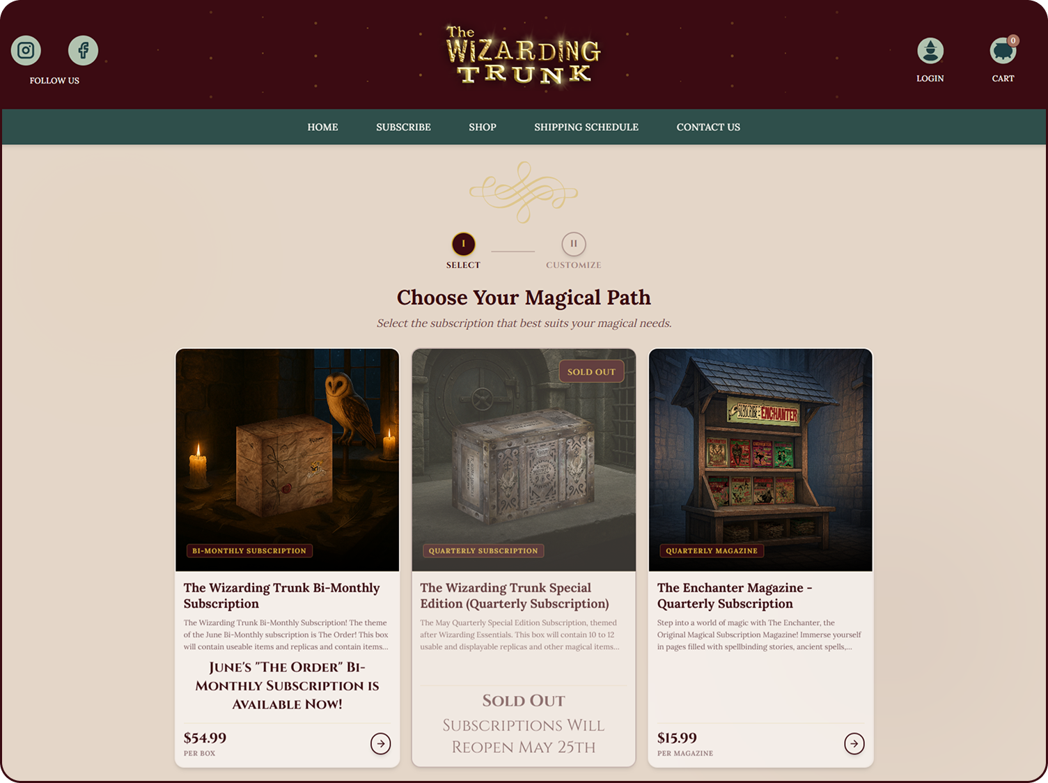 Subscriptions that sell themselves screen from the The Wizarding Trunk Subbly storefront