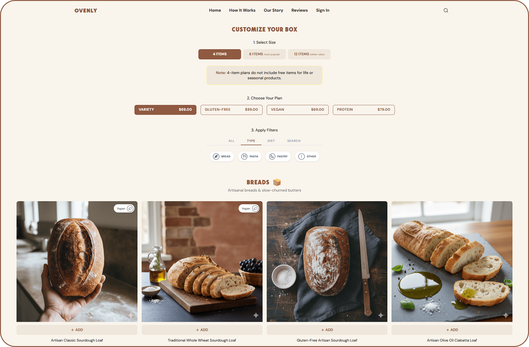 Interactive Custom Box Builder screen from the Ovenly Subbly storefront