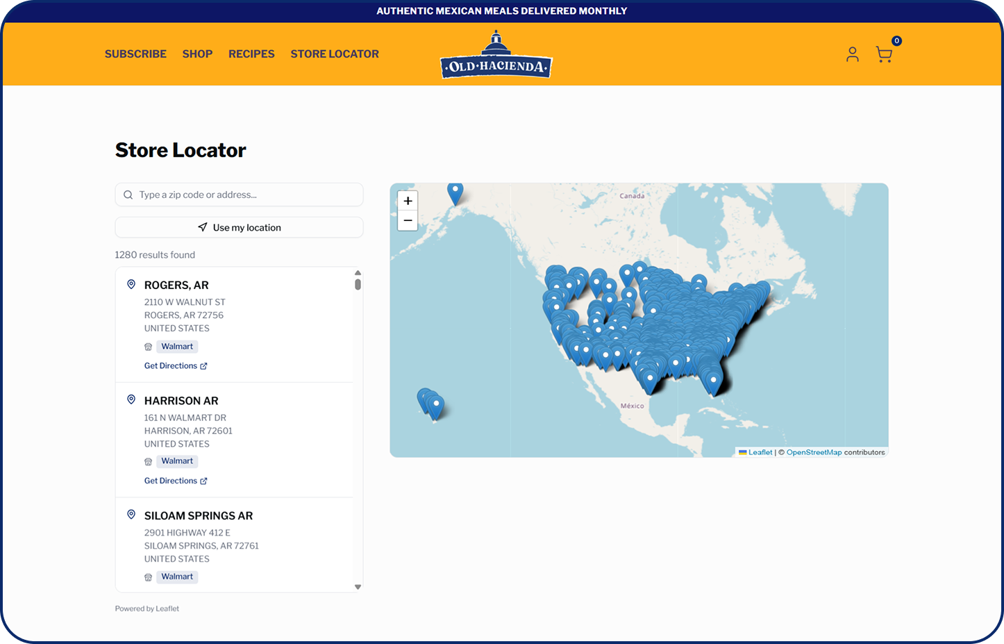 Store Locator with 100+ Retail Locations screen from the Old Hacienda Subbly storefront