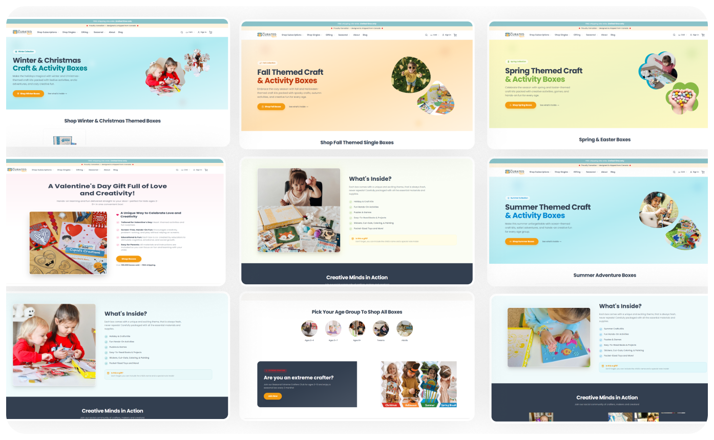 Seasonal Collection Landing Pages screen from the The Curated Hive Subbly storefront
