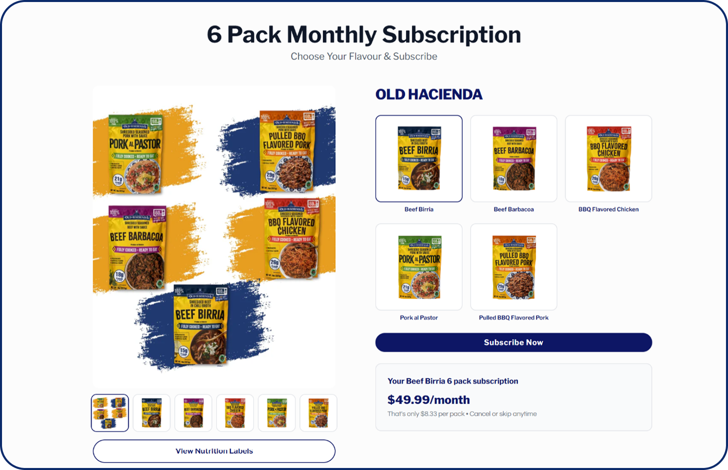 Subscription & One-Time Shop in One Place screen from the Old Hacienda Subbly storefront